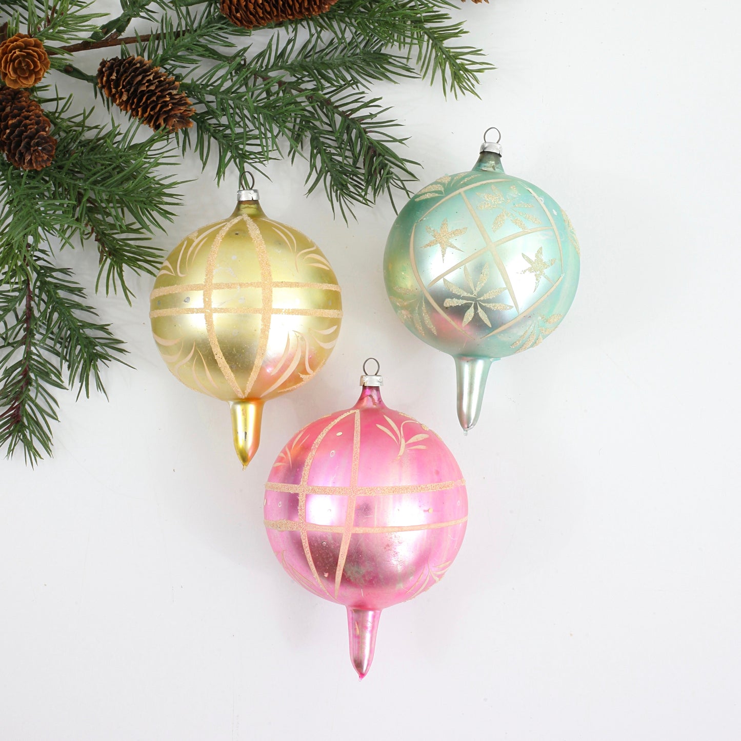 SOLD - Mid Century Round Pastel Indent Mercury Glass Ornaments