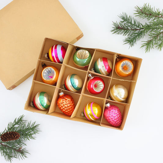 SOLD - Set of 12 Vintage Mercury Glass Christmas Ornaments in Box