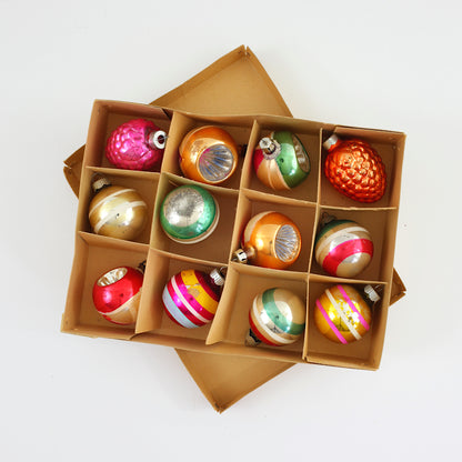 SOLD - Set of 12 Vintage Mercury Glass Christmas Ornaments in Box