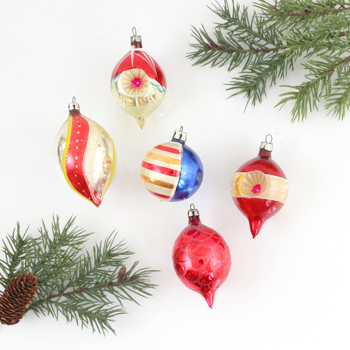 Set of 5 Mid Century Red & Gold Mercury Glass Ornaments