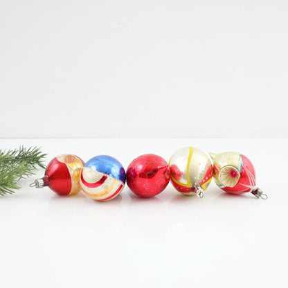 Set of 5 Mid Century Red & Gold Mercury Glass Ornaments