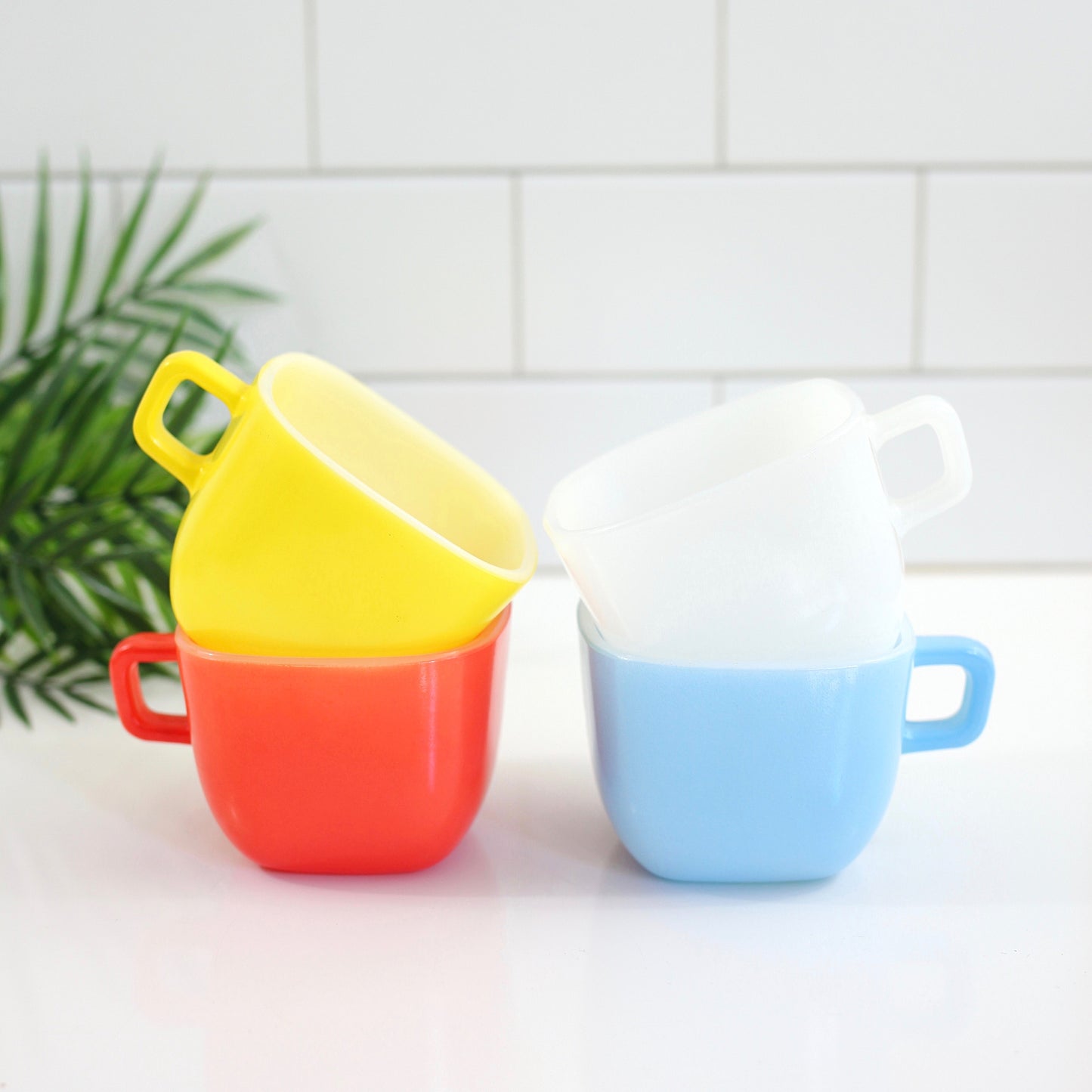 SOLD - Colorful Vintage Square Lipton Milk Glass Mugs by Glasbake