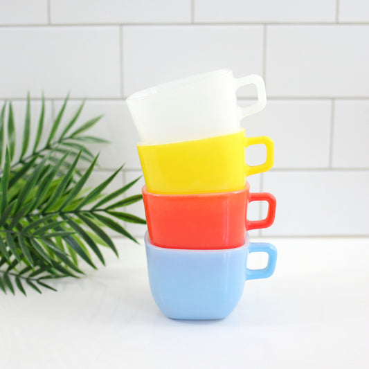 SOLD - Colorful Vintage Square Lipton Milk Glass Mugs by Glasbake