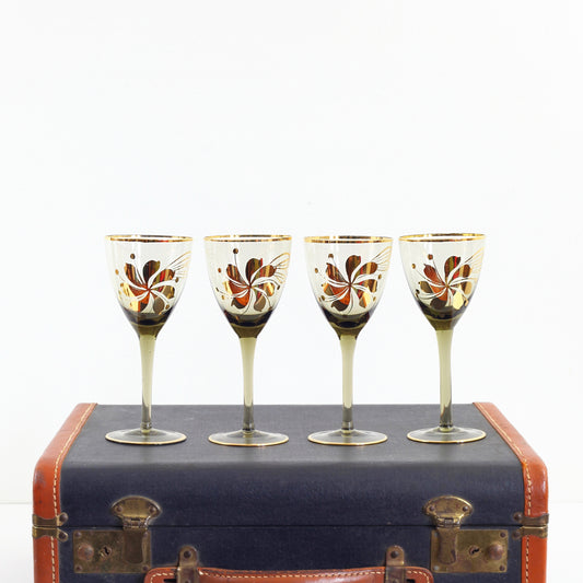 SOLD - Vintage Smoky Amber & Gold Romanian Wine Glasses