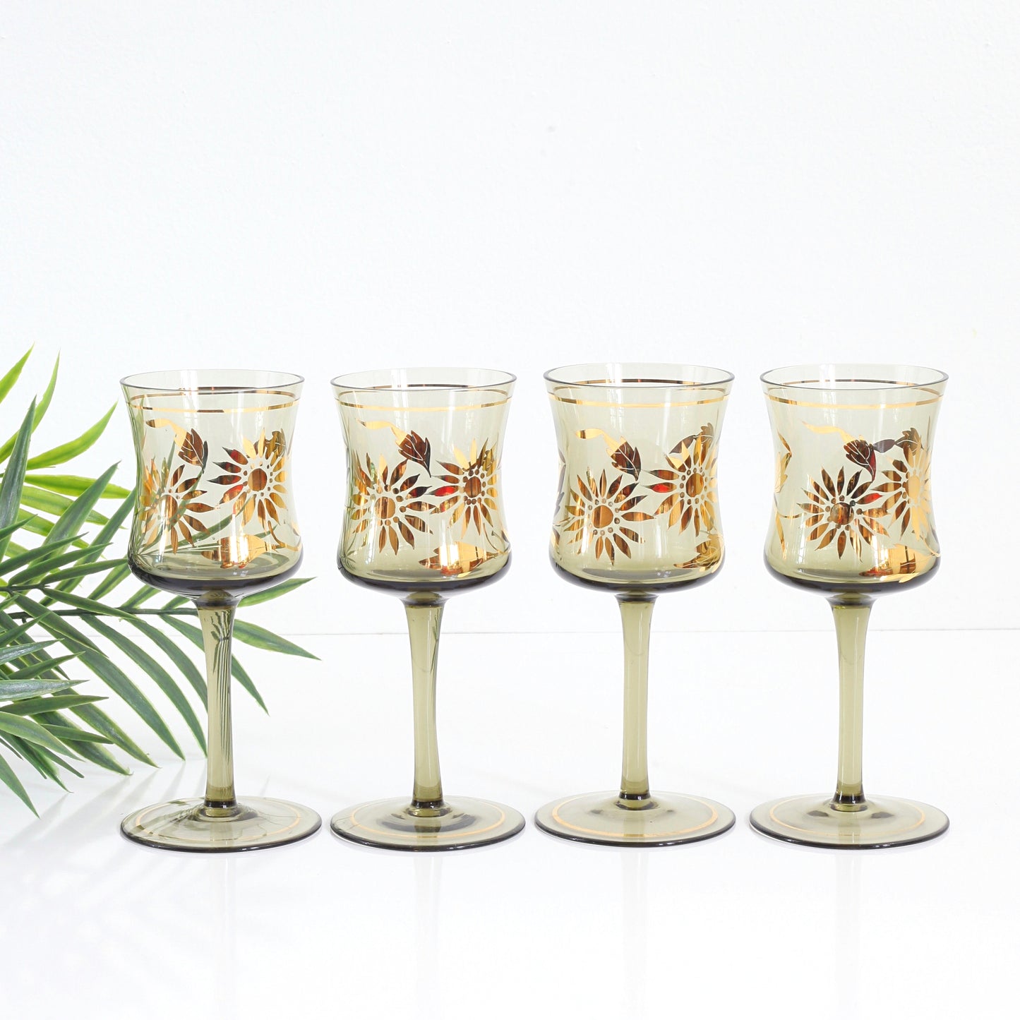 SOLD - Vintage Smoky Amber & Gold Romanian Sunflower Wine Glasses