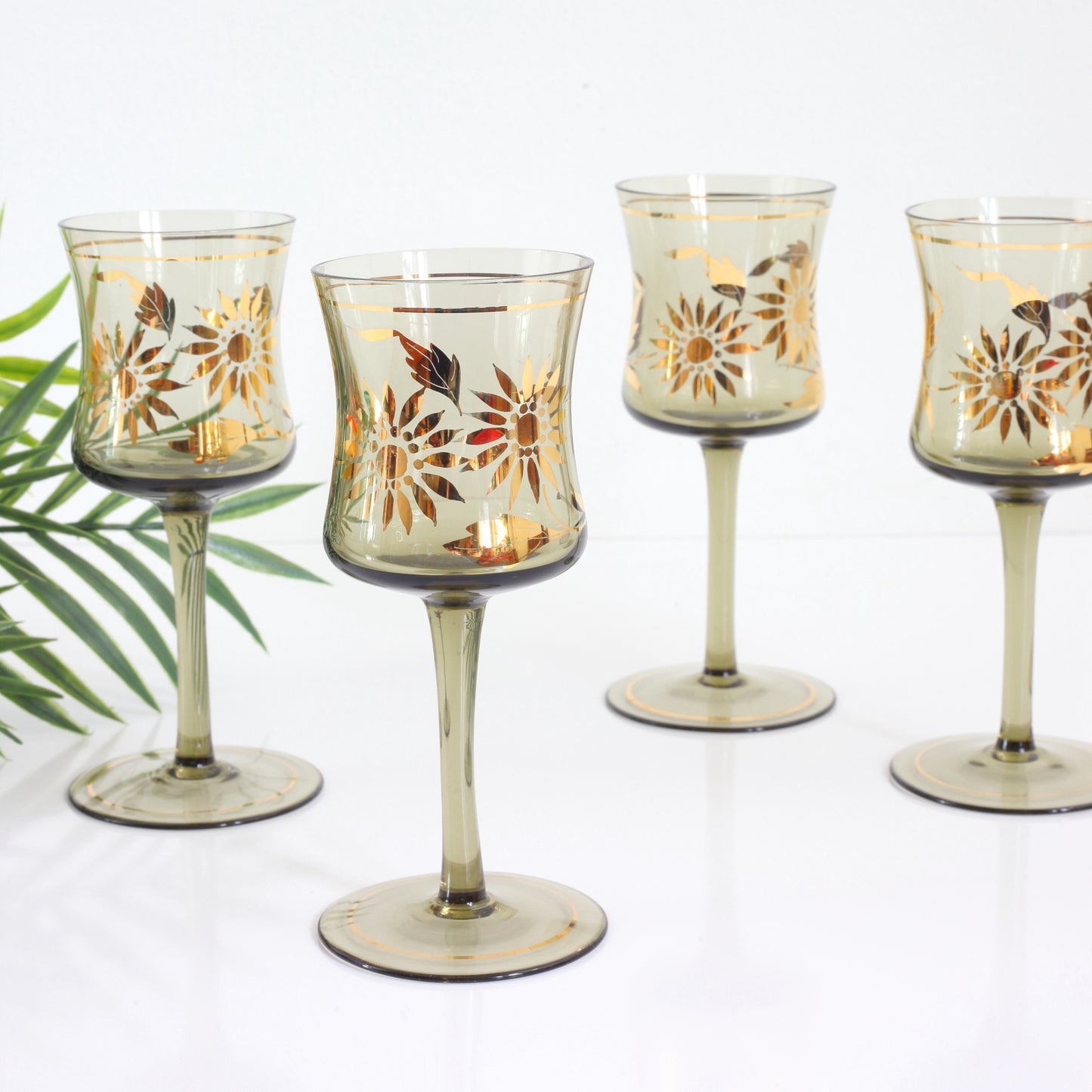 SOLD - Vintage Smoky Amber & Gold Romanian Sunflower Wine Glasses