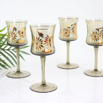 SOLD - Vintage Smoky Amber & Gold Romanian Sunflower Wine Glasses