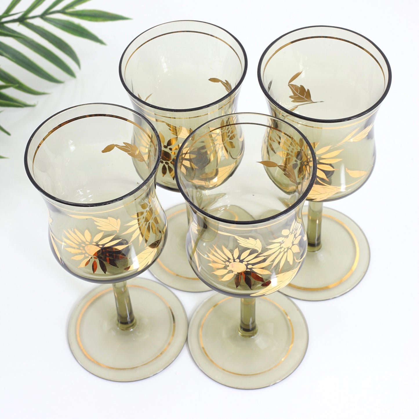SOLD - Vintage Smoky Amber & Gold Romanian Sunflower Wine Glasses