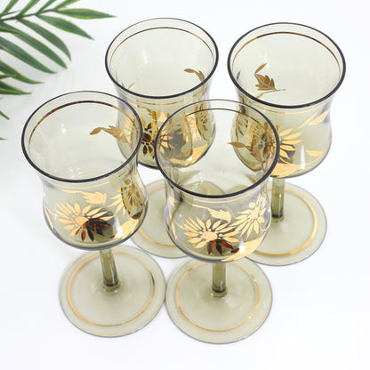 SOLD - Vintage Smoky Amber & Gold Romanian Sunflower Wine Glasses