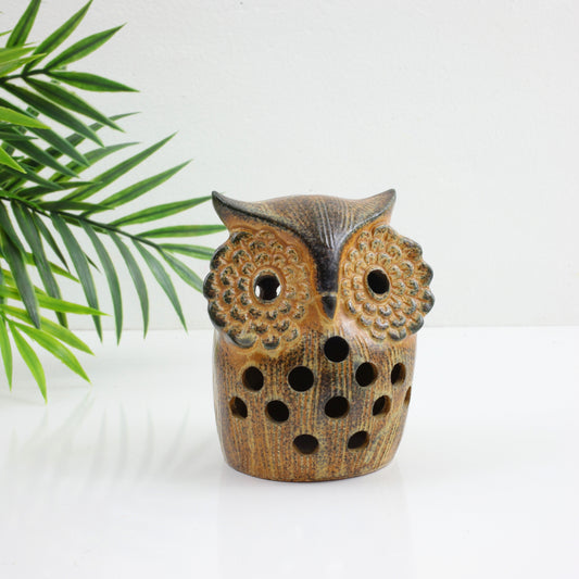 SOLD - Vintage Stoneware Owl Candle Holder & Incense Burner w/ Flower Eyes
