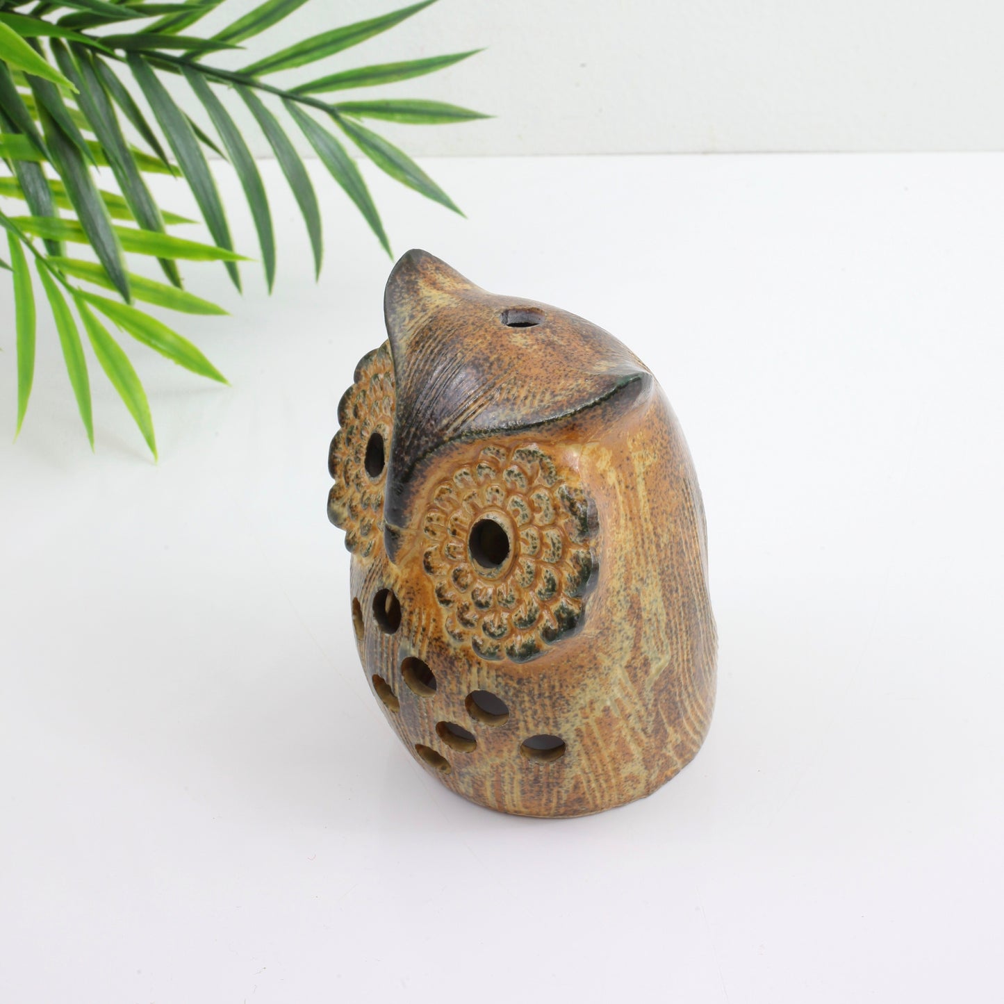 SOLD - Vintage Stoneware Owl Candle Holder & Incense Burner w/ Flower Eyes