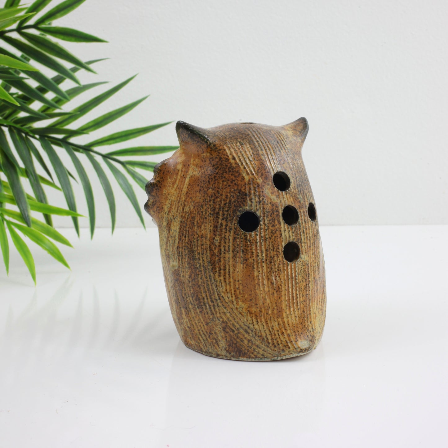 SOLD - Vintage Stoneware Owl Candle Holder & Incense Burner w/ Flower Eyes