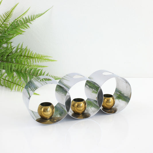 SOLD - Mid Century Silver & Brass Triple Loop Candle Holder