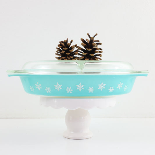 SOLD - Vintage Turquoise Snowflake Pyrex Divided Casserole Dish with Lid