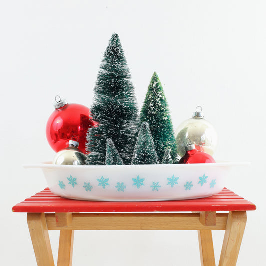 SOLD - Vintage White & Turquoise Snowflake Pyrex Casserole Dish