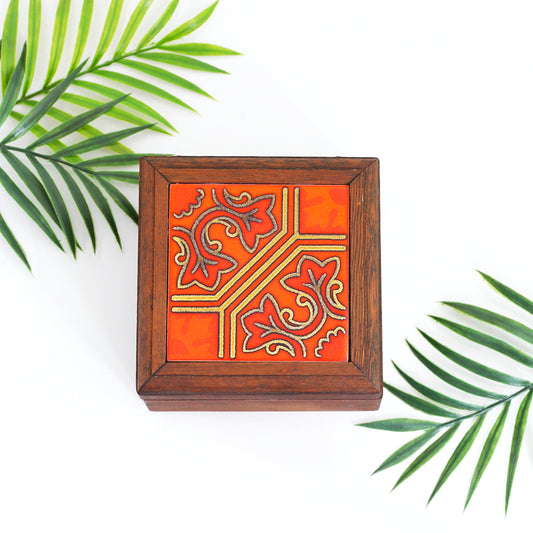 SOLD - Vintage Wood & Ceramic Tile Trinket Box