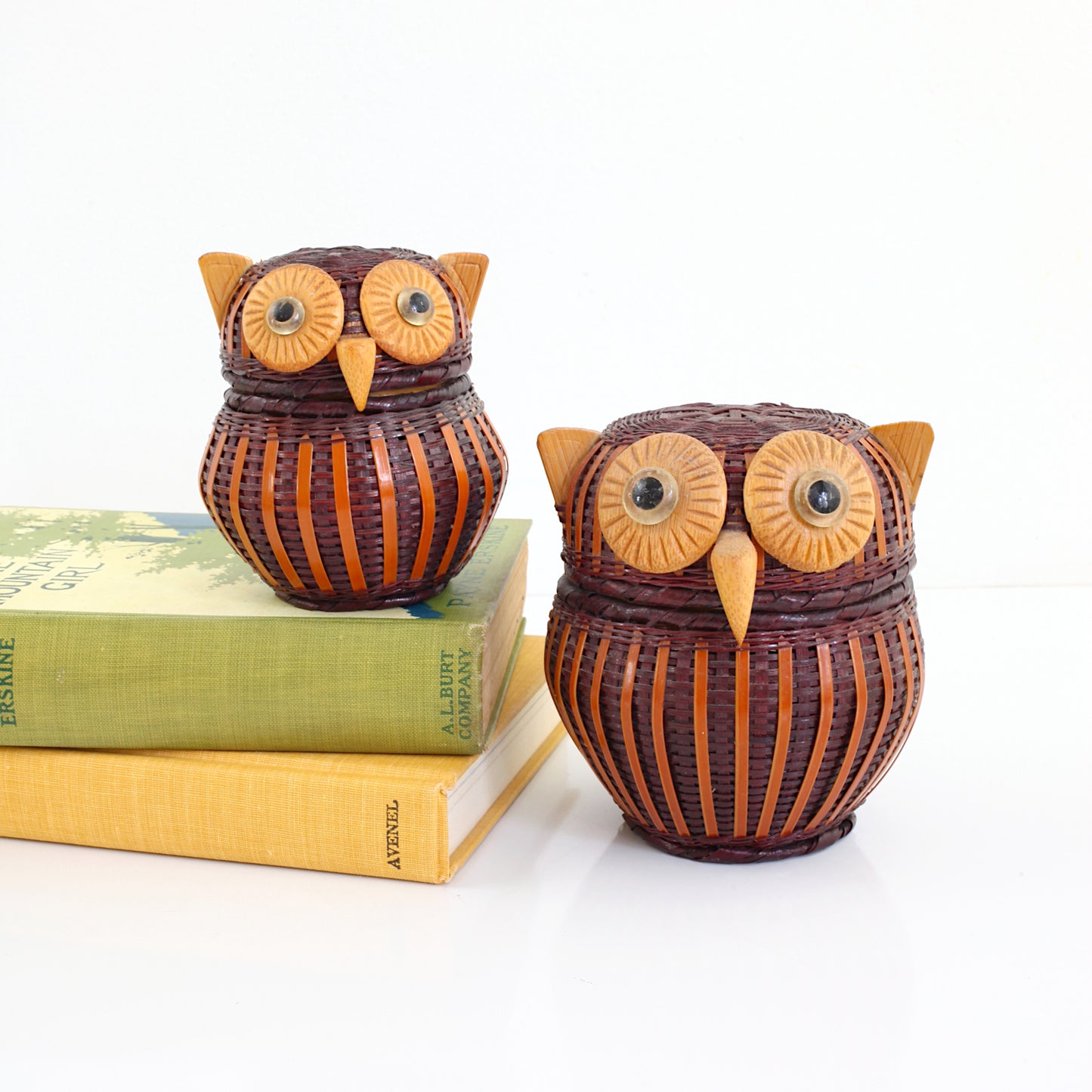 SOLD - Vintage 1970s Wicker Owl Baskets