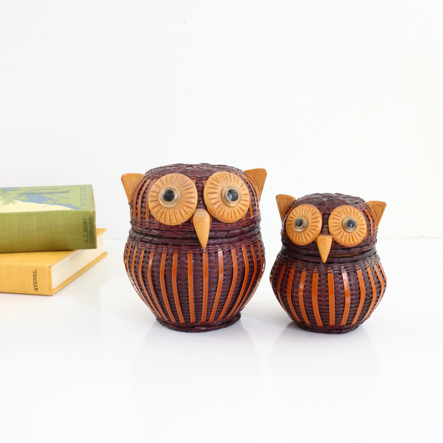 SOLD - Vintage 1970s Wicker Owl Baskets