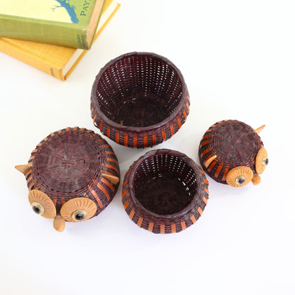 SOLD - Vintage 1970s Wicker Owl Baskets