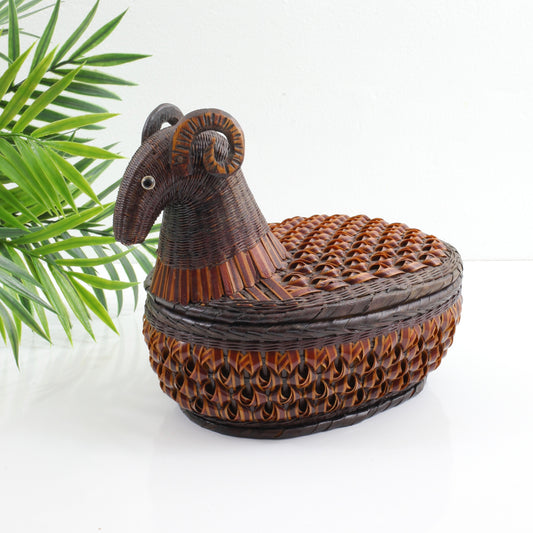 SOLD - Vintage 1970s Wicker Ram Basket