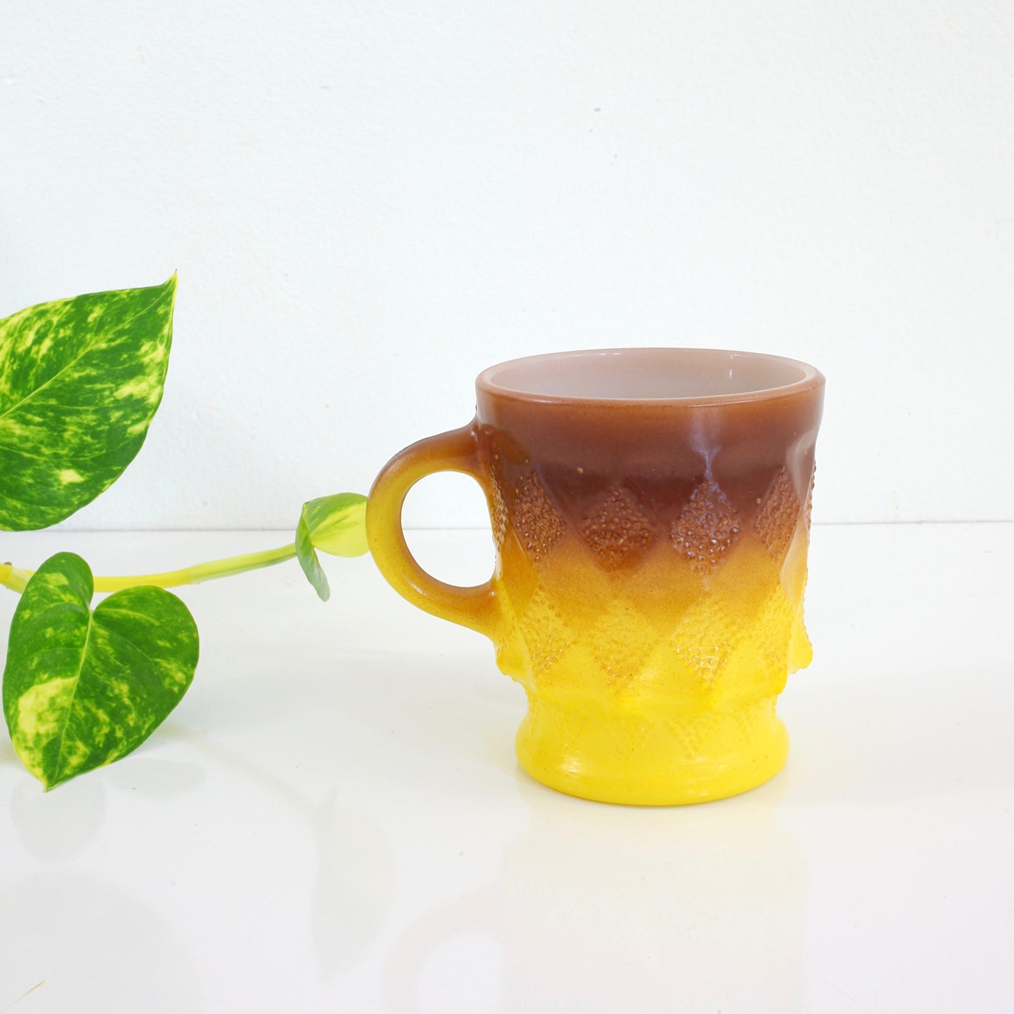 SOLD - Vintage Anchor Hocking Yellow Brown Ombre Kimberly Milk Glass Mug